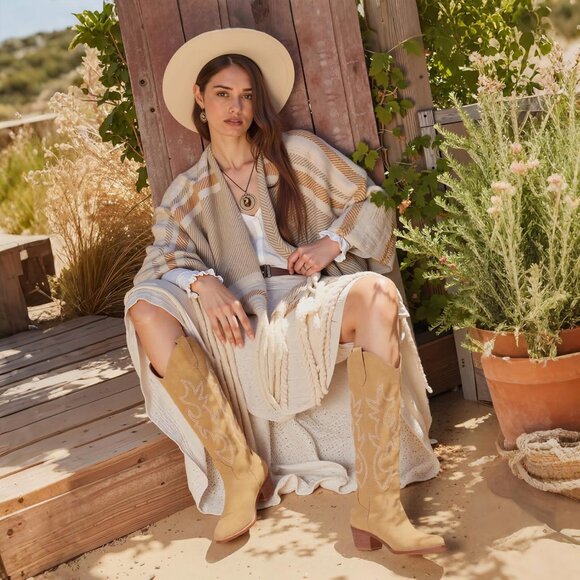 Women Camel Polyurethane Embroidered Chunky Stacked Heel Knee High Western Boots - Picture 2 of 6